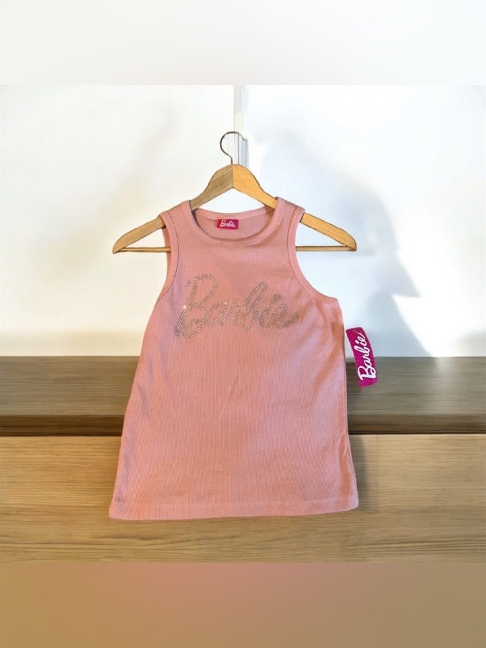 NEW Pink Barbie Rhinestone Cropped Tank Top Size Small Bling Women's Fitted